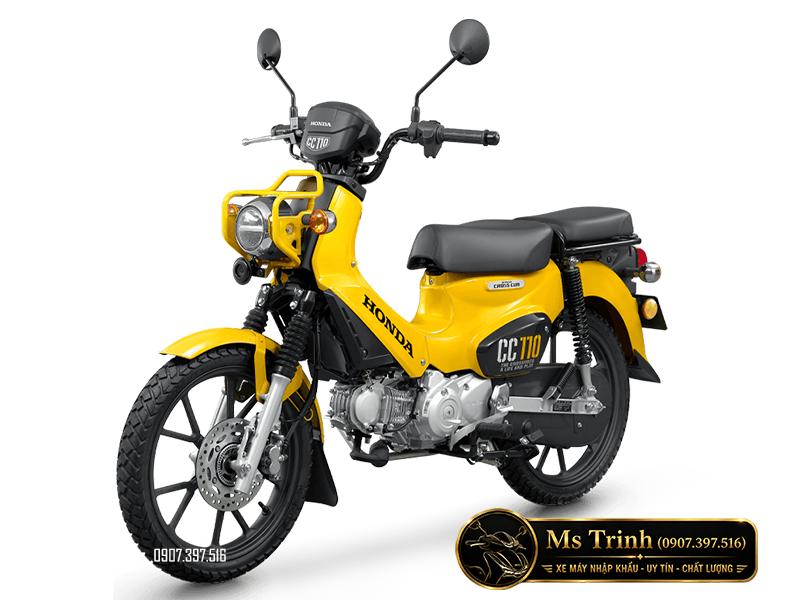 Honda Cross Cub 110 2026 màu vàng nhìn góc ba phần tư với phanh ABS bánh trước
